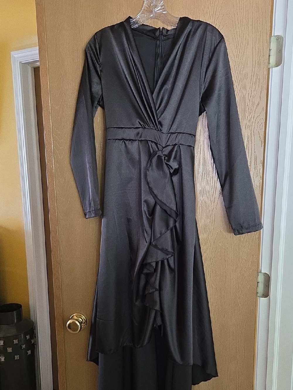 Elegant Black Long-Sleeve Faux Wrap-Front Dress, Satin Feel...size Lg.
